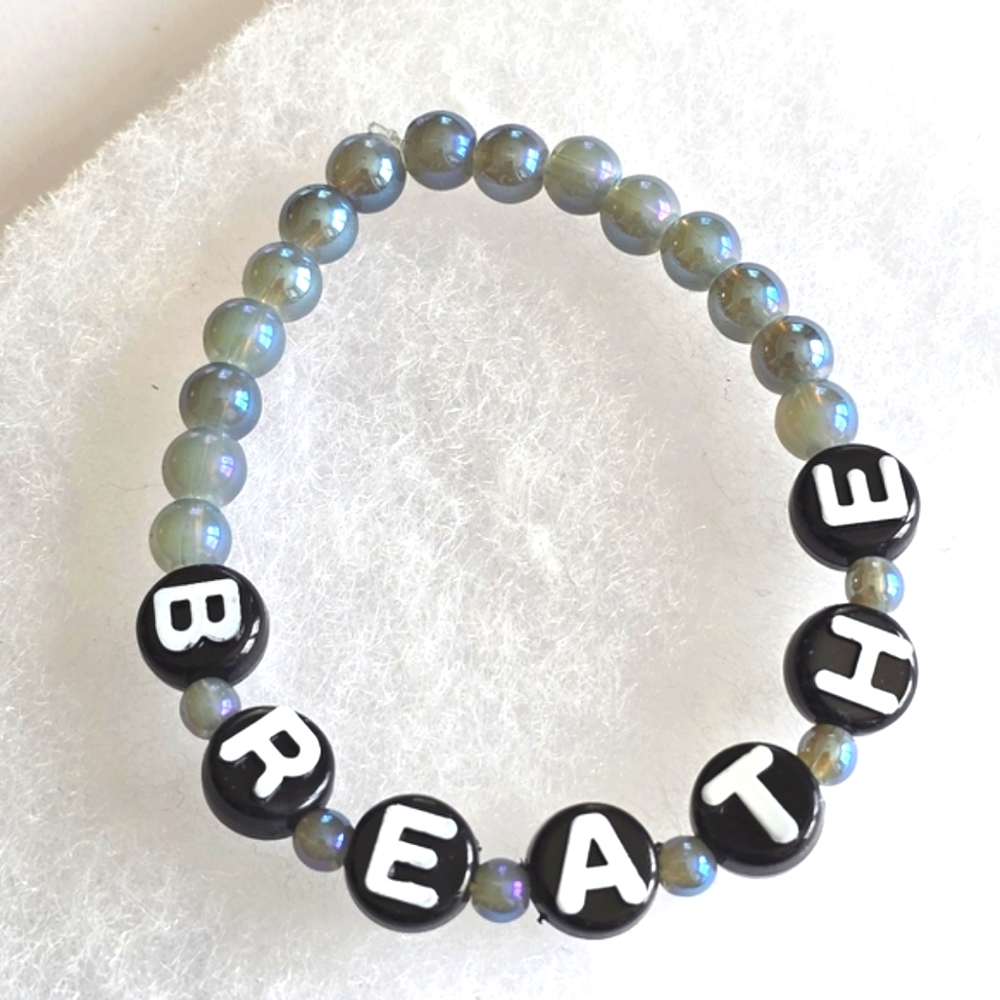 Handmade "Breathe" bracelet meditation jewelry blue grey iridescent stretch